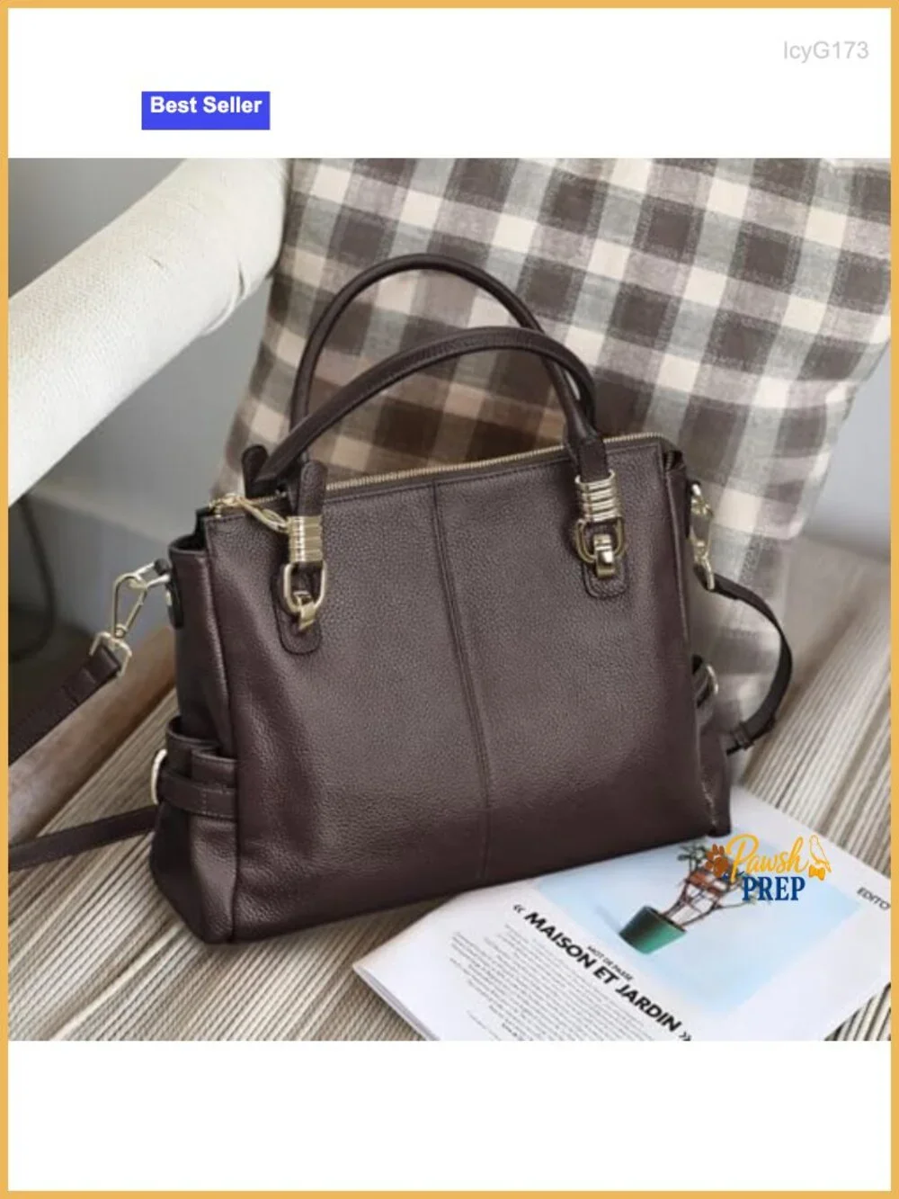 Top Grain Pebbled Cowhide Leather Satchel Tote Shoulder Bag with Pockets